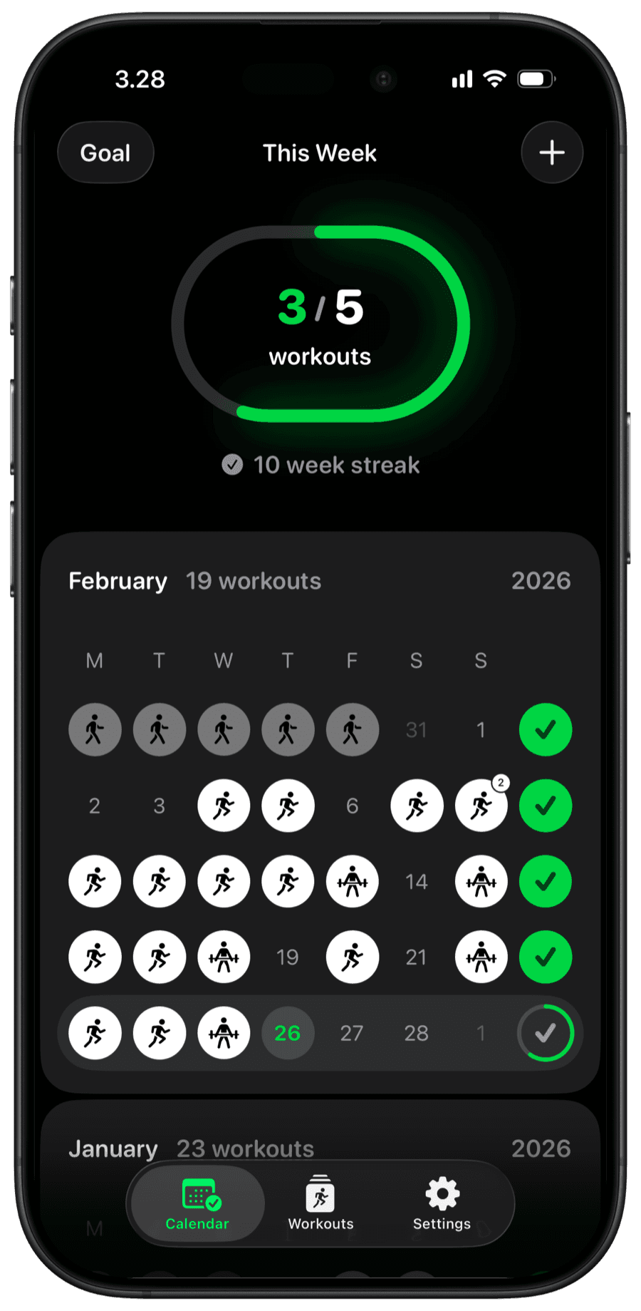 SweatCount app showing workout calendar and streak