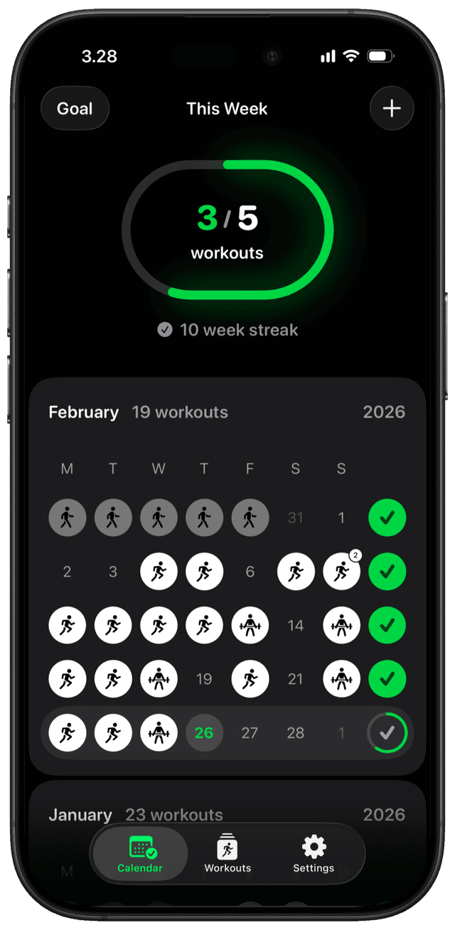 SweatCount app showing workout calendar and streak